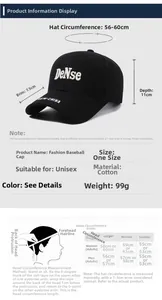 Detailed size chart for cotton baseball cap showing 56-60cm circumference and peak dimensions