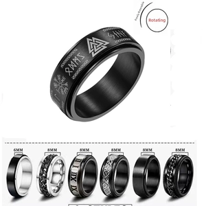 Detail showing various 6mm and 8mm rotatable stainless steel rings for anxiety relief