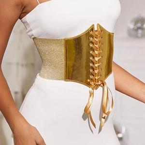 Women Wide Corset Belt Metallic Mirror Gold Silver Lace-up Elastic Waist Cincher For Dress Suit Fashion Waistband