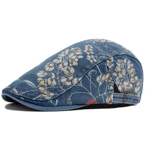 Vintage denim beret hat with floral print and adjustable metal strap for men and women