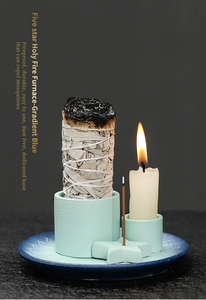 Ceramic incense burner set with blue gradient tray and sage bundle holder for rituals
