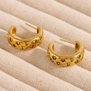 C-shaped 18K gold plated stainless steel earrings with star and heart zircon stones
