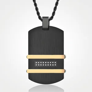 Men's black brushed stainless steel military pendant necklace with rose gold bars and crystals