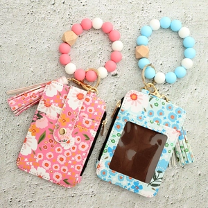 Floral silicone bead wristlet keychain with leather ID card holder and tassel