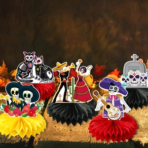 Day of the Dead honeycombs featuring skeletons and sugar skulls for Mexican party decor