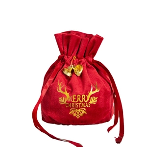 Red velvet Christmas drawstring gift bag with golden reindeer antlers and bells decoration