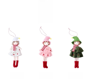 Three plush Christmas elf pendants in white, pink, and green with striped scarves