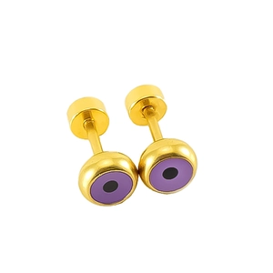 Detail of golden stainless steel screw-back earrings with purple evil eye enamel pattern