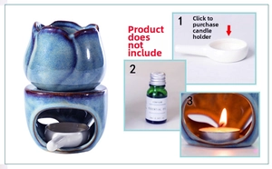 Detailed views of a tulip-shaped ceramic oil burner with blue kiln-transmutation glaze