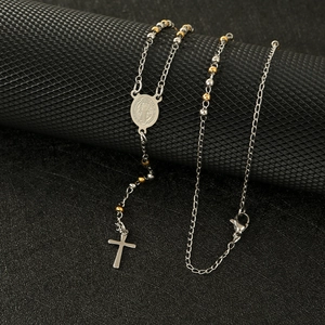 Three-tone stainless steel rosary necklace with Saint Benedict medal and crucifix charm