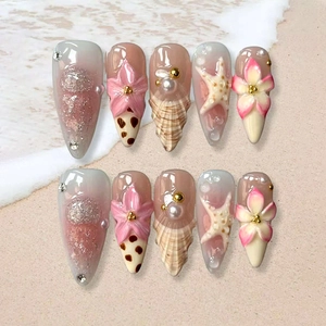 Ocean Theme Press On Nails 3D Starfish Shell Artificial Pearl Decor French Blush Translucent Long Almond Artificial Manicure For Women