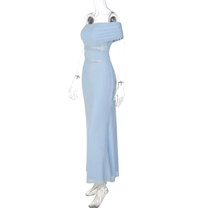 Detailed view of light blue off-shoulder gown with pleated bodice on clear mannequin