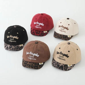 Kids faux suede baseball caps with leopard print brim and vintage embroidery