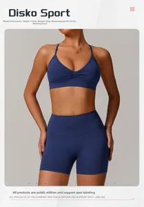 Detail of V-neck yoga bra with ruched center and cross back design in navy blue