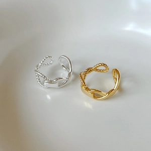 Minimalist 925 sterling silver braided twist open rings in gold and silver finish