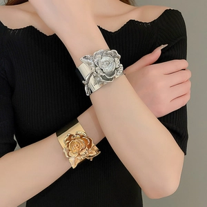 Statement bold metallic 3D rose open cuff bracelet in polished gold and silver finish
