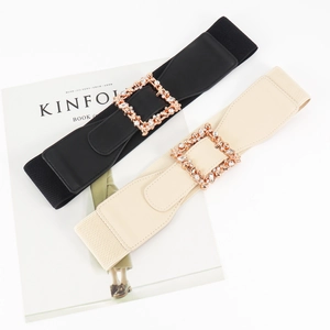 Elegant Women Elastic Waist Belt Gold Alloy Square Buckle Rhinestone High Stretch PU Leather Belt For Dress Fashion Accessories