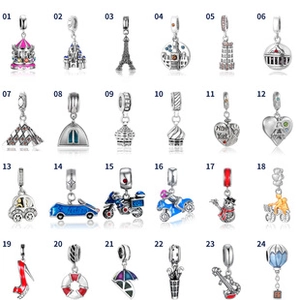 Grille détaillée de 24 breloques en argent S925 avec motifs de cœur et de tour pour DIY