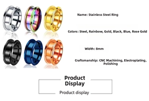 8mm stainless steel ring blanks in six colors with double beveled edges and grooved design