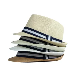 Classic summer straw fedora hats in multiple colors with striped band for beach and sun