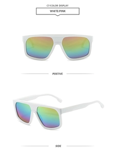 Front and side views of white oversized sunglasses with rainbow reflective polarized lenses