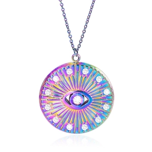 Macro detail of rainbow stainless steel evil eye pendant with sparkling crystals