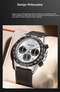 Detail of silver chronograph watch dial with black silicone strap and tachymeter bezel