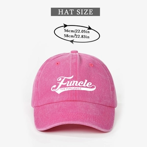 Detail view of pink washed baseball cap showing the Funcle print and size measurement