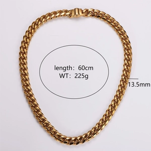 60cm gold-tone Cuban link necklace, 13.5mm wide stainless steel chain weighing 225g