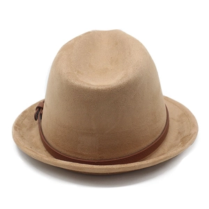 Close-up of khaki suede fedora with dark brown leather band and metallic buckle