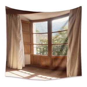 Detailed high-definition print of a scenic mountain view through an arched window tapestry