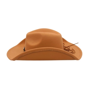 Detail of a brown felt cowboy hat with a curled brim and vintage leather cord accents