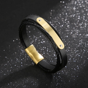 Bracciale In Pelle Multi Strato Acciaio Inossidabile Fibbia Magnetica Cordino Intrecciato Uomo Punk Geometrico Individuale