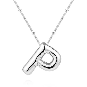 Detail of silver balloon letter P pendant on a polished bead chain necklace