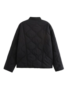 Detail of black quilted jacket showing the unique onion stitching pattern on back view