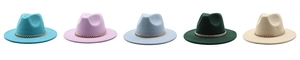 Detail showing wool fedora hats in five colors with chunky gold chain decorations