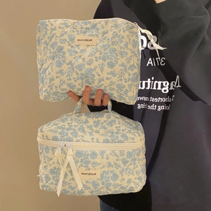 Blue floral quilted cotton cosmetic bag set with large handle pouch and small pouch
