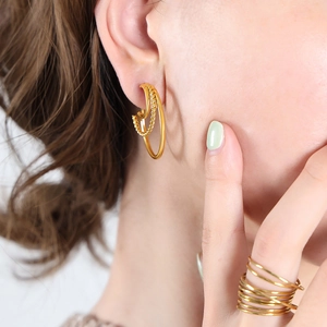 Elegant multi-layer gold titanium steel C-shape earrings and matching ring set on a model