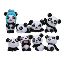 Set of eight miniature panda figurines in various cute poses made of resin