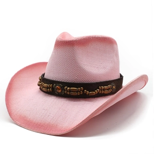 Pink straw western cowboy hat with beaded band and amber gemstone for summer beach sunwear