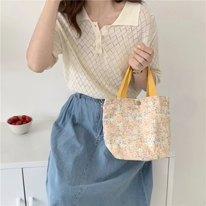 Floral canvas mini tote bag with yellow webbing handles and magnetic closure for women