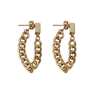 Elegant gold chain-link drop earrings with rectangular studs in polished metallic finish