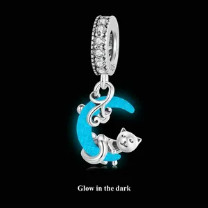 Luminous S925 sterling silver moon cat pendant with glowing blue stone and clear zircon