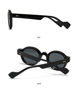 Side and back view of retro black polygon sunglasses with gold rivet details on arms