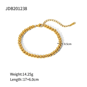 Polished stainless steel gold bead bracelet with 17+6cm adjustable lobster clasp chain