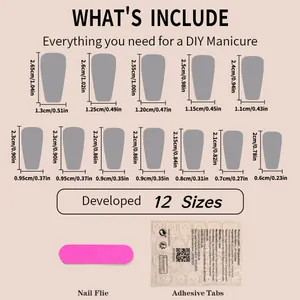 Detailed 12-size chart for short coffin press-on nails with file and adhesive tabs