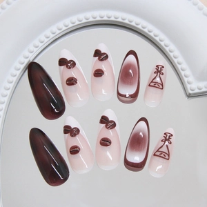 Brown gradient press on nails with hand-painted coffee bean art and French tip designs