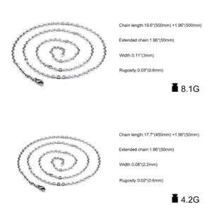 Minimalist stainless steel O-link chains with size guide in two different widths
