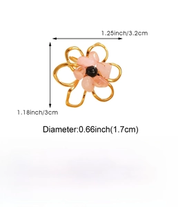 Detailed view of golden flower ring with pink stone inlay and size specifications