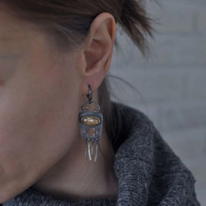 Retro champagne opal asymmetrical cross earrings with metallic tassels for women